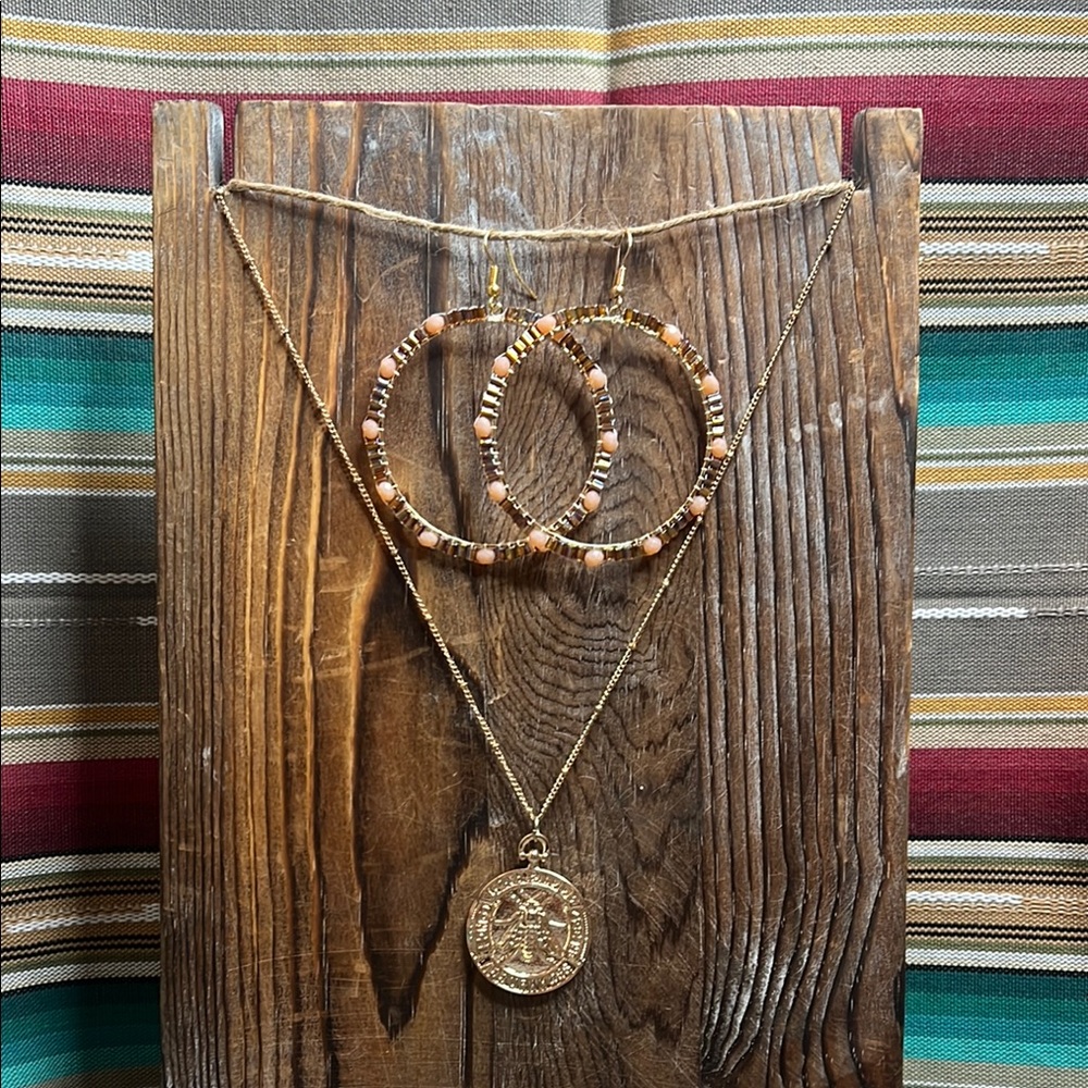 Gold and Brown Beaded Necklace and Earring Set